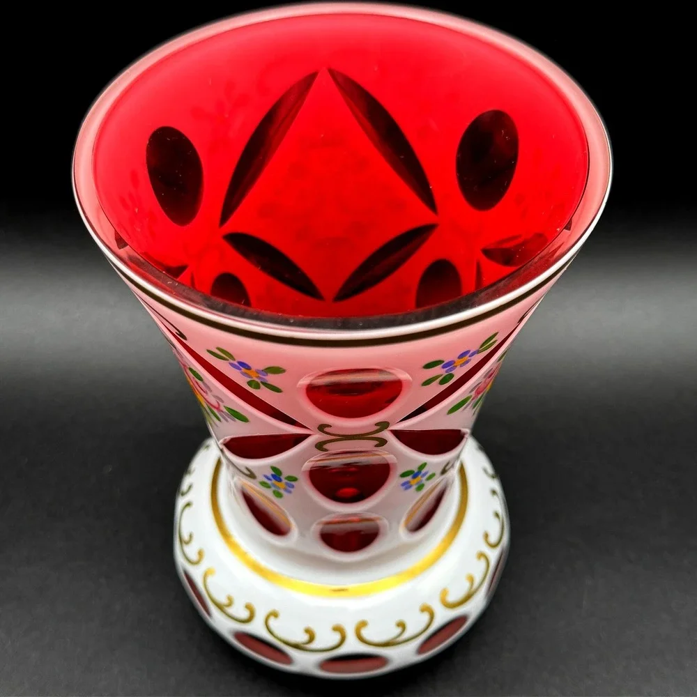 Vintage Bohemian Czech Ruby Cut to Clear White Overlay Floral Glass Vase 6